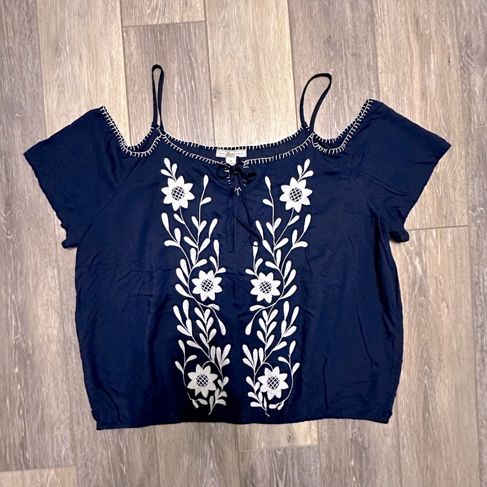 Bass - navy blue with white floral embroidered off shoulder top